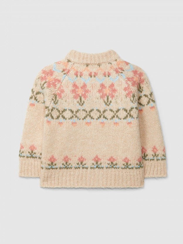 Casaco tricotado decote redondo jacquard Casaco tricotado decote redondo jacquard