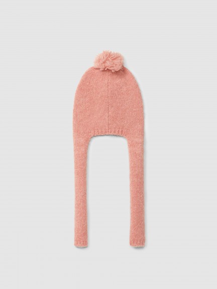 Knitted beanie with pom-pom and ribbons Knitted beanie with pom-pom and ribbons