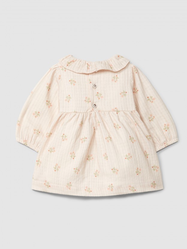Vestido riscas e flores com gola de folho Vestido riscas e flores com gola de folho
