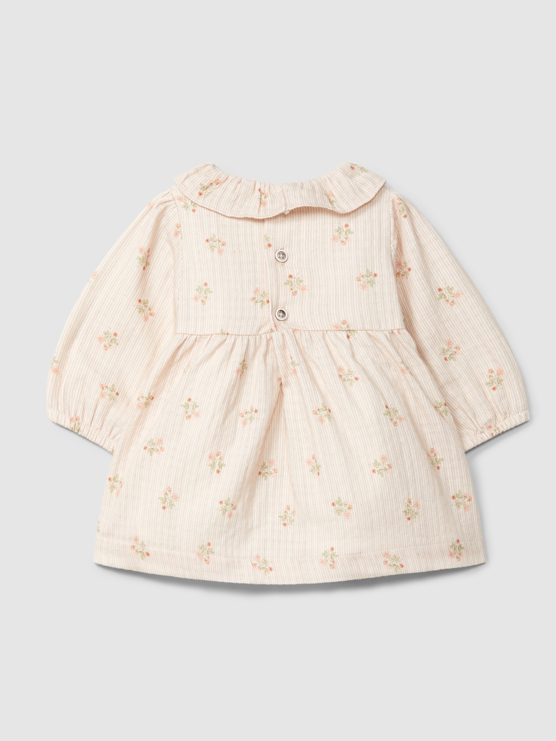 Vestido riscas e flores com gola de folho