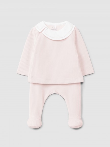 Vestido de dos piezas en terciopelo canelado con cuello de tela
