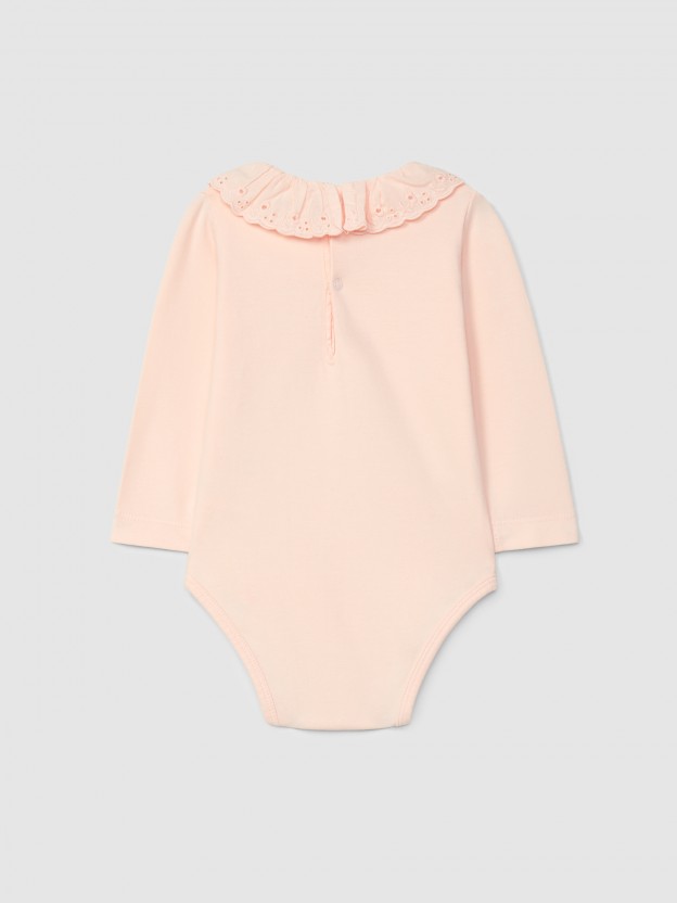 Bodysuit with ruffled collar English embroidery