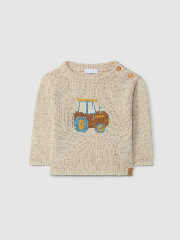 Camisola decote redondo tricotada com intarsia figurativa Camisola decote redondo tricotada com intarsia figurativa