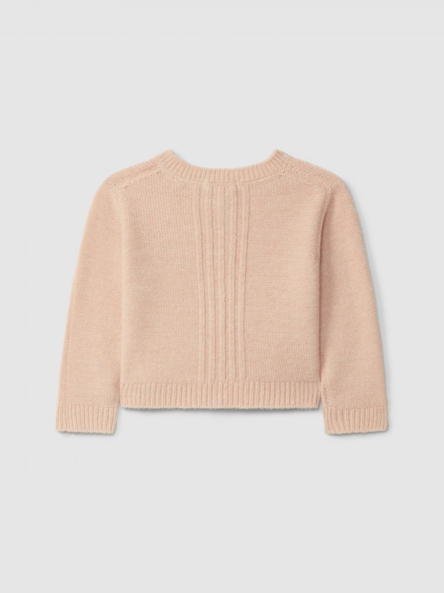 Knitted cardigan crew neck with embossed stripes